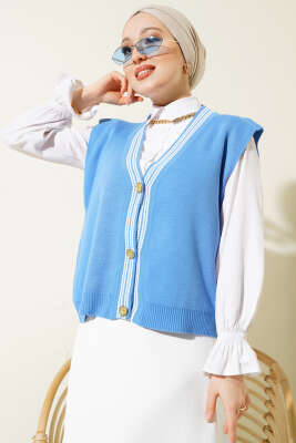 Önü Düğmeli Triko Yelek İndigo - Triko