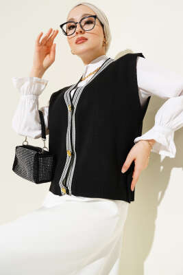 Önü Düğmeli Triko Yelek Siyah 