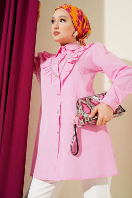 Önü Fırfır Taş Şerit Geçişli Düğmeli Gömlek Pembe