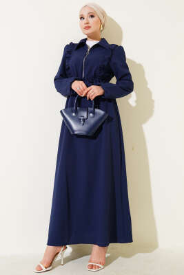 Önü Fırfırlı Fermuarlı Elbise Lacivert