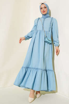 Önü Fırfırlı Kot Elbise Buz Mavisi 