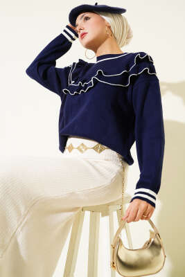 Önü Fırfırlı Triko Kazak Lacivert - VAV TEKSTİL