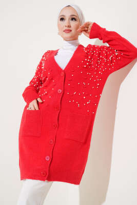 Önü İnci Süslemeli Düğmeli Triko Hırka Kırmızı 