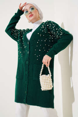 Önü İnci Süslemeli Düğmeli Triko Hırka Zümrüt - Hırka