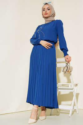 Önü İncili Etekli İkili Takım İndigo 