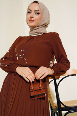 Önü İncili Etekli İkili Takım Kahve - İkili Takım