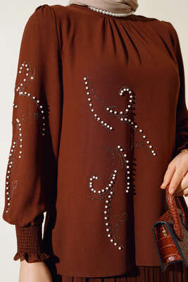 Önü İncili Etekli İkili Takım Kahve - İkili Takım