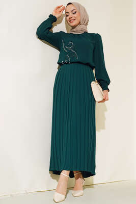 Önü İncili Etekli İkili Takım Zümrüt Yeşili 