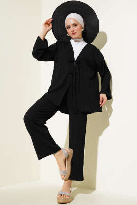 Önü İp Bağcıklı Krinkıl İkili Takım Siyah