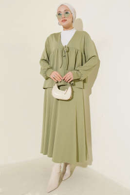 Önü İp Bağlamalı Loyşa Etekli İkili Takım Çağla Yeşili