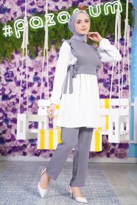 Önü Kare Fırfırlı Gri İkili Takım