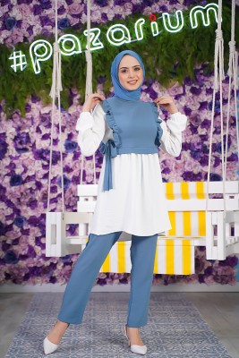 Önü Kare Fırfırlı İndigo İkili Takım