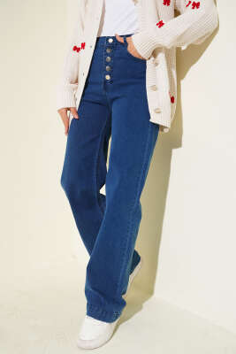 Önü Metal Düğmeli Bol Kot Pantolon Mavi - MUSTİ