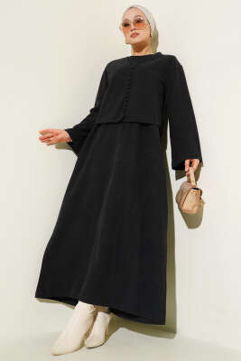 Önü Mini Düğmeli Elbise İkili Takım Antrasit 