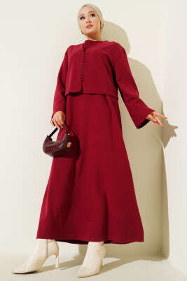 Önü Mini Düğmeli Elbise İkili Takım Bordo 