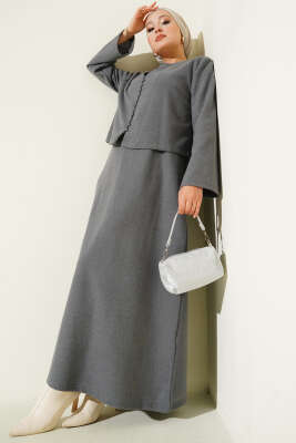 Önü Mini Düğmeli Elbise İkili Takım Füme 