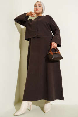 Önü Mini Düğmeli Elbise İkili Takım Kahve 