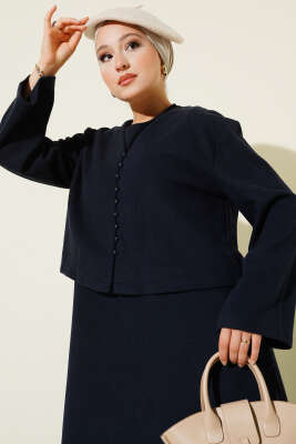 Önü Mini Düğmeli Elbise İkili Takım Lacivert - İkili Takım