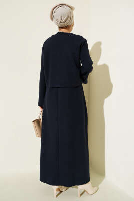 Önü Mini Düğmeli Elbise İkili Takım Lacivert - İkili Takım