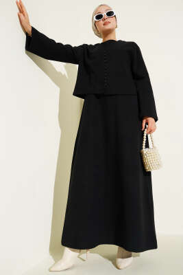 Önü Mini Düğmeli Elbise İkili Takım Siyah 