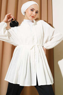 Önü Pile Detaylı Pamuk Vual Gömlek Ekru