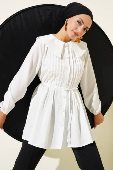 Önü Pileli Denizci Yaka Gömlek Beyaz - Gömlek