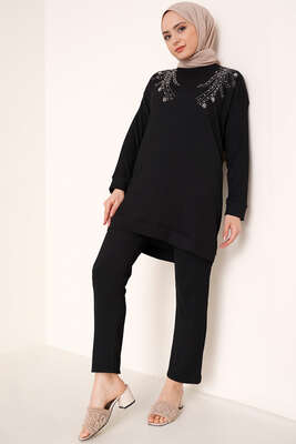 Önü Taş Süslemeli Bürümcük İkili Takım Siyah