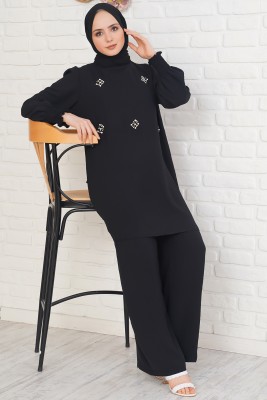 Önü Taş Süslemeli Siyah İkili Takım