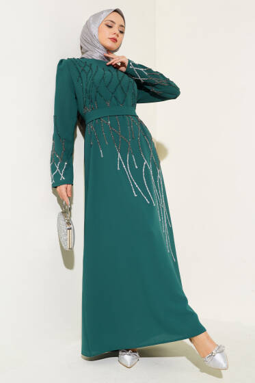 Önü ve Kolu Taşlı Büyük Beden Elbise Zümrüt - Elbise