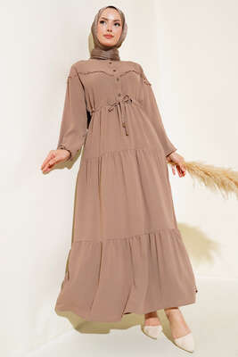 Önü Yarım Düğmeli Kat Kat Elbise Kestane 