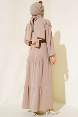 Önü Yarım Düğmeli Kat Kat Elbise Vizon - Tesettür Elbise