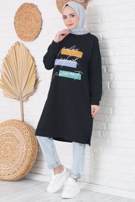 Önü Yazı Baskılı Renk Detaylı Siyah Uzun Tunik