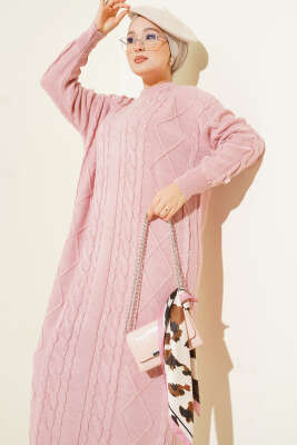 Örgü Desenli Triko Elbise Pudra - Yılın Fırsatı