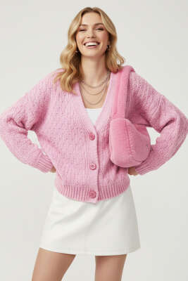 Örgü Detaylı Düğmeli Triko Hırka Pembe