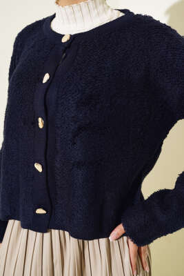 Örgü Düğmeli Kısa Hırka Lacivert - Triko