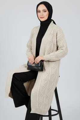 Örgü Kabartma Desenli Uzun Triko Hırka Bej