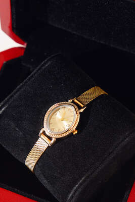 Oval Hasır Kordonlu Kadın Saat Gold 