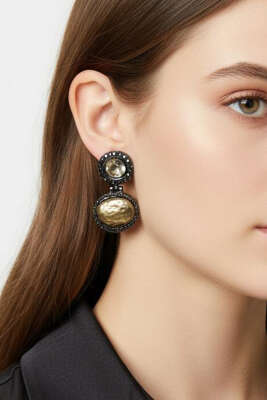 Oval Taşlı Vintage Küpe Yeşil Kahve - DEMİR BİJUTERİ