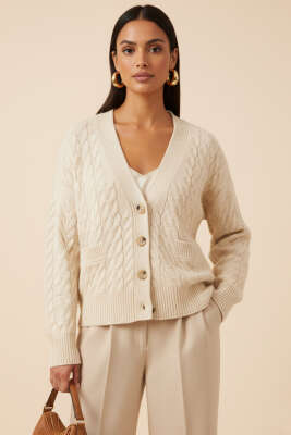 Oversize Cepli Örgü Hırka Bej 