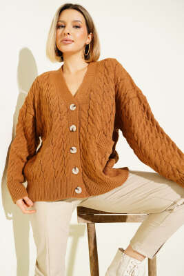 Oversize Cepli Örgü Hırka Taba - Yeni Giyim