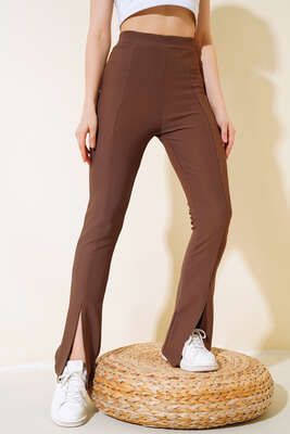 Paçası Yırtmaçlı Tayt Pantolon Kahve 