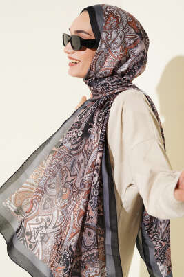 Paisley Motifli Şal Siyah Latte - Başörtüsü