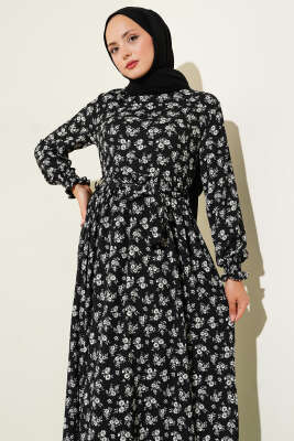 Papatya Desenli Kuşaklı Bürümcük Elbise Siyah - Yılın Fırsatı