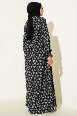 Papatya Desenli Kuşaklı Bürümcük Elbise Siyah - Yılın Fırsatı