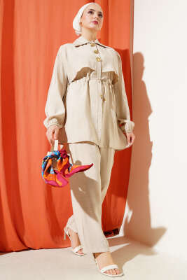 Parça Detaylı Bel Tünelli İkili Takım Bej 