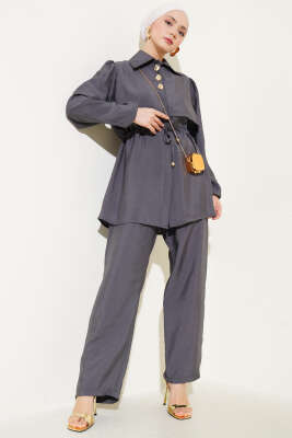 Parça Detaylı Bel Tünelli İkili Takım Füme 