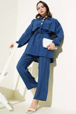 Parça Detaylı Bel Tünelli İkili Takım İndigo 