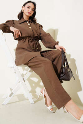 Parça Detaylı Bel Tünelli İkili Takım Kahve 