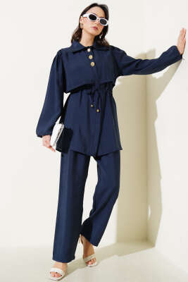 Parça Detaylı Bel Tünelli İkili Takım Lacivert 