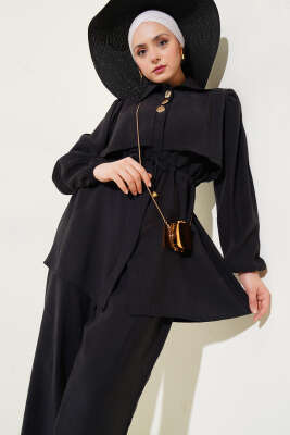 Parça Detaylı Bel Tünelli İkili Takım Siyah 